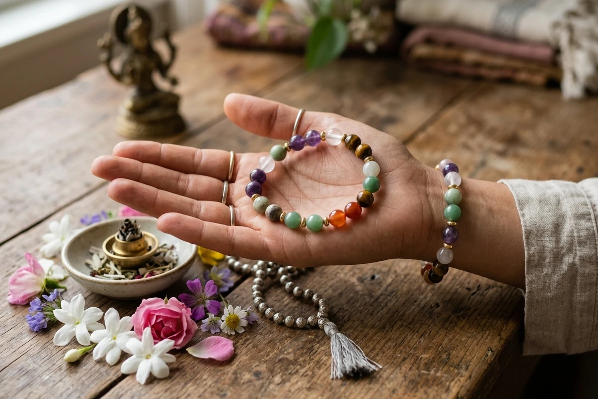 Natural gemstone beads arranged in natural daylight with brass ritual accessories