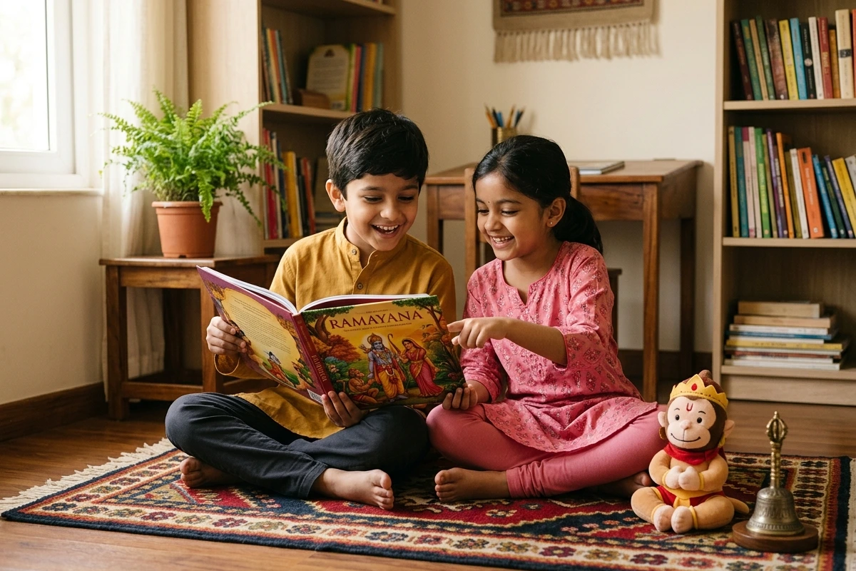 Children exploring illustrated sacred stories alongside a comforting plush companion in a home prayer corner