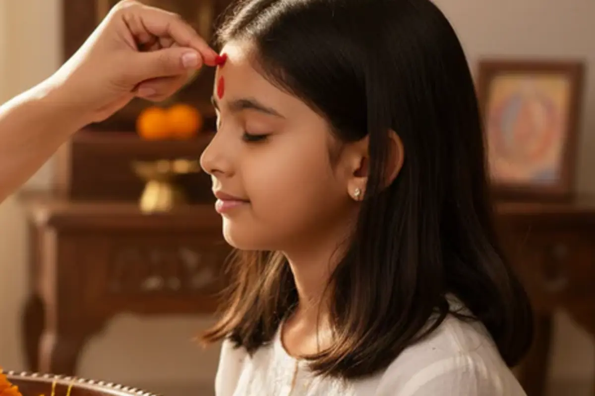 A devotee applying sacred red kumkum roli tilak on the forehead during daily puja