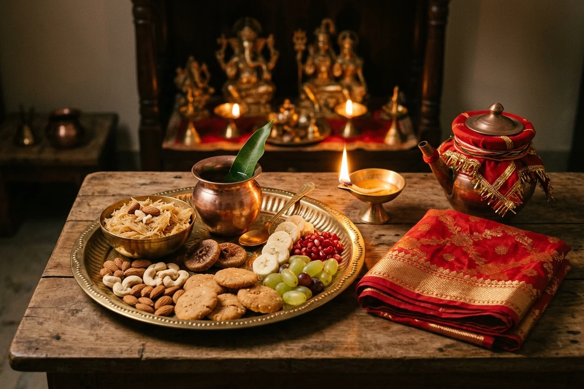 Traditional pre-dawn sargi thali with dry fruits, sweets, fruits, and brass diya alongside a sacred red chunri