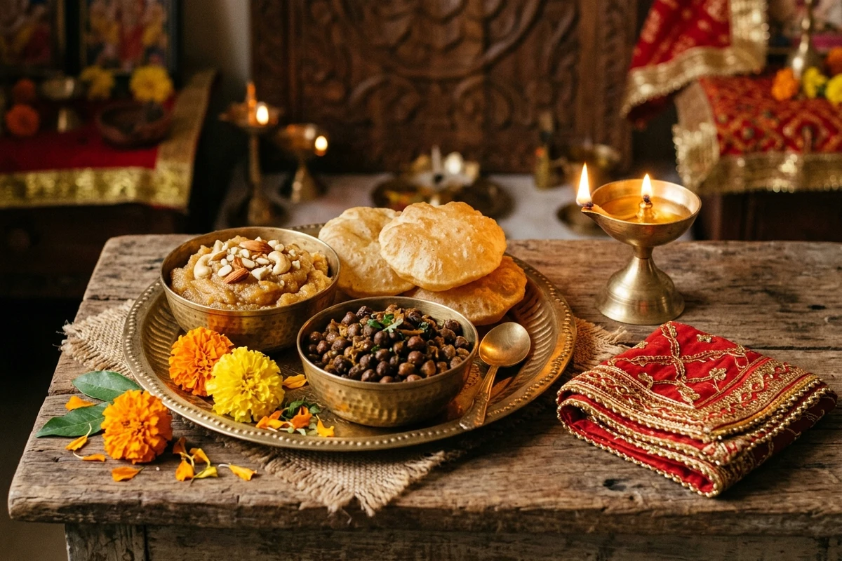 Traditional Kanya Pujan thali with freshly prepared halwa, poori, and black chana prasad alongside sacred red chunri and flowers