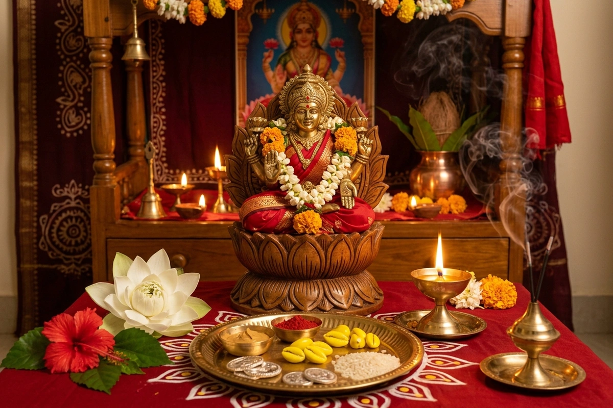 Traditional Kojagari Lakshmi Puja altar with a brass deity idol, silver coins, yellow cowries, gomti chakras, fresh flowers, and a pure ghee lamp