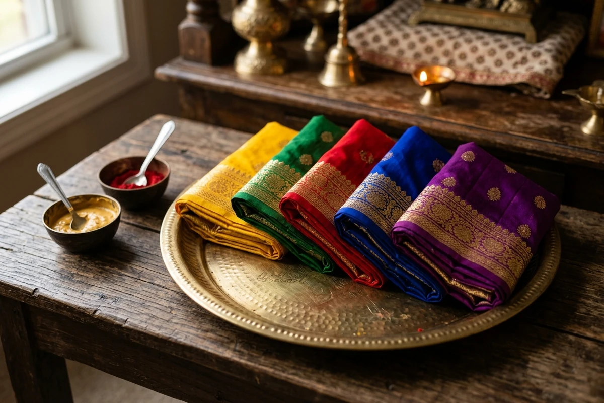 Traditional brass puja thali displaying folded silk deity poshaks in vibrant Navratri colours