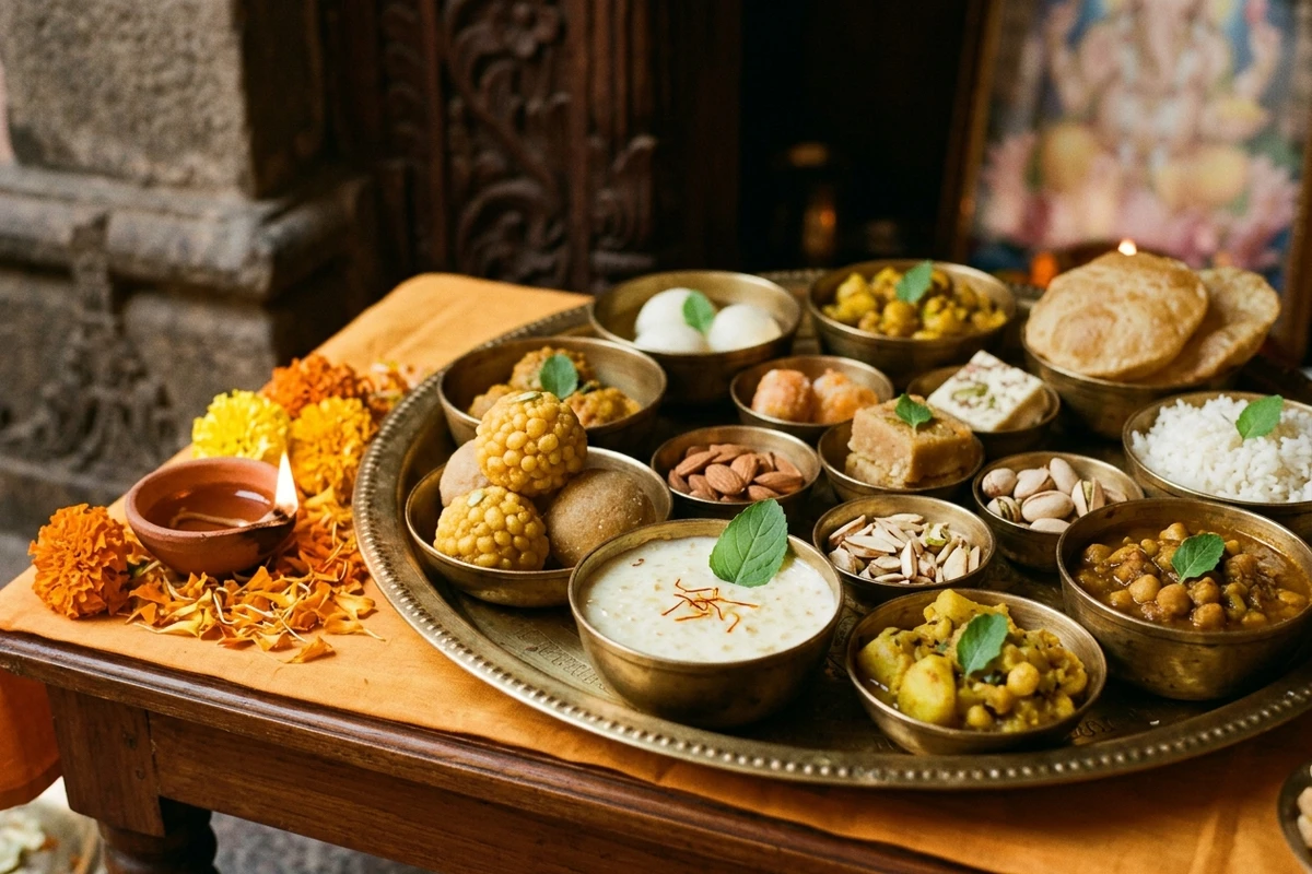 Traditional Annakut bhog dishes arranged with tulsi leaves on brass thalis for Govardhan Puja offering.