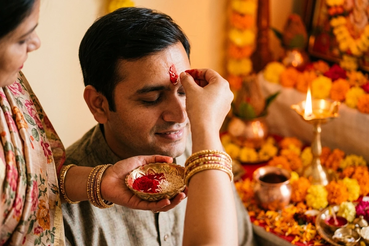 Devotional Bhai Dooj tilak ceremony with sacred roli and akshat on brass thali.