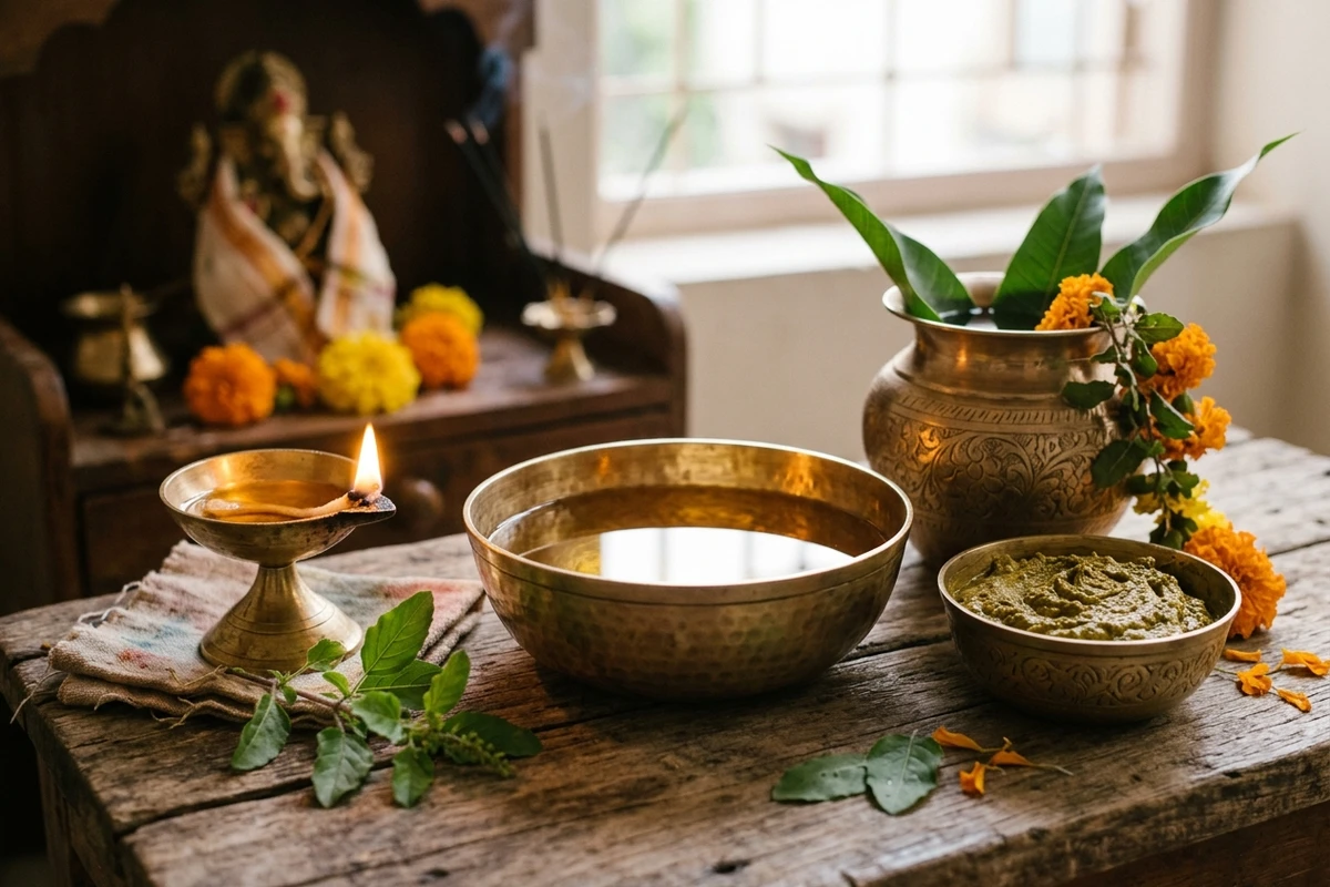 Traditional Abhyanga Snan preparation with sesame oil, herbal ubtan, and a brass oil lamp at dawn.