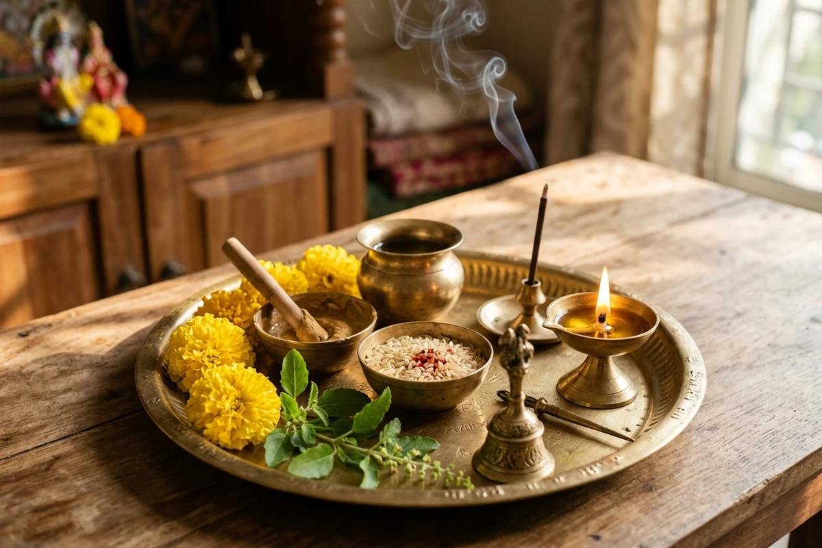 Traditional brass puja thali with fresh flowers, chandan, tulsi leaves, and an oil lamp prepared for Ekadashi prayers.