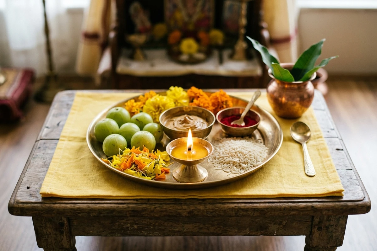 Traditional brass puja thali with fresh amla fruits, sandalwood paste, marigolds, and a glowing ghee lamp prepared for Akshaya Navami.