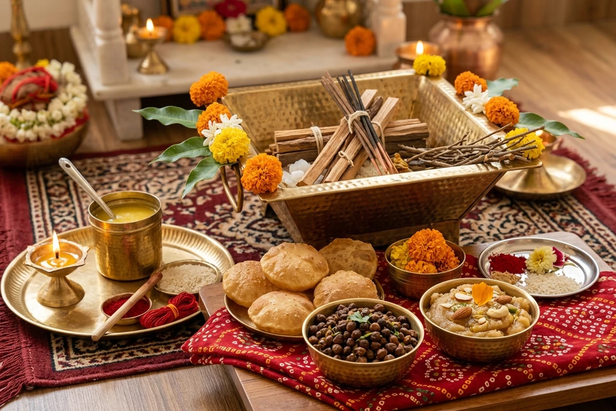 Maha Navami ritual preparation showing traditional hawan offerings alongside fresh satvik prasad of pooris, sukha chana, and semolina halwa.