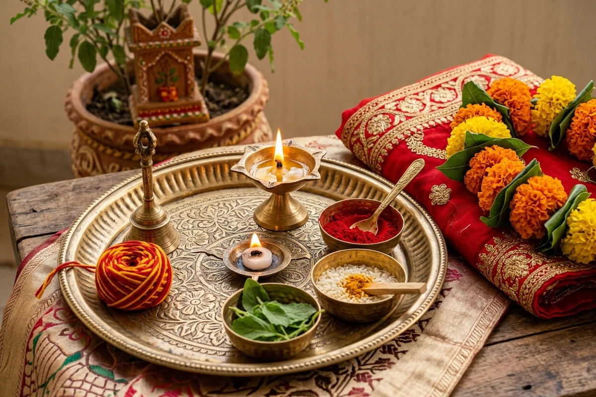 Traditional brass puja thali with fresh tulsi leaves, sacred thread, kumkum, and glowing brass diya prepared for Tulsi Vivah.