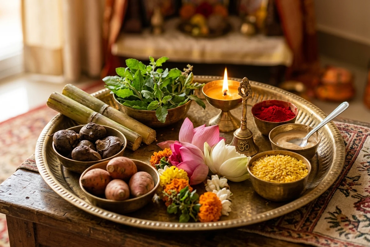 Traditional brass puja thali with fresh tulsi leaves, sugarcane pieces, seasonal fruits, and glowing diya for Dev Uthani Ekadashi.