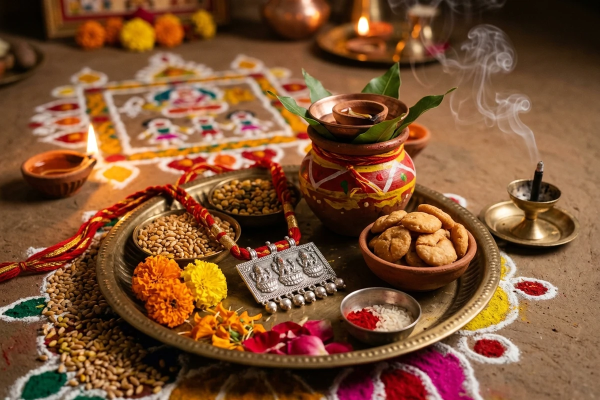 Devotional brass thali arranged with silver Syahu necklace, wheat grains, earthen karwa, marigolds, and aromatic dhoop cups for Ahoi Ashtami.