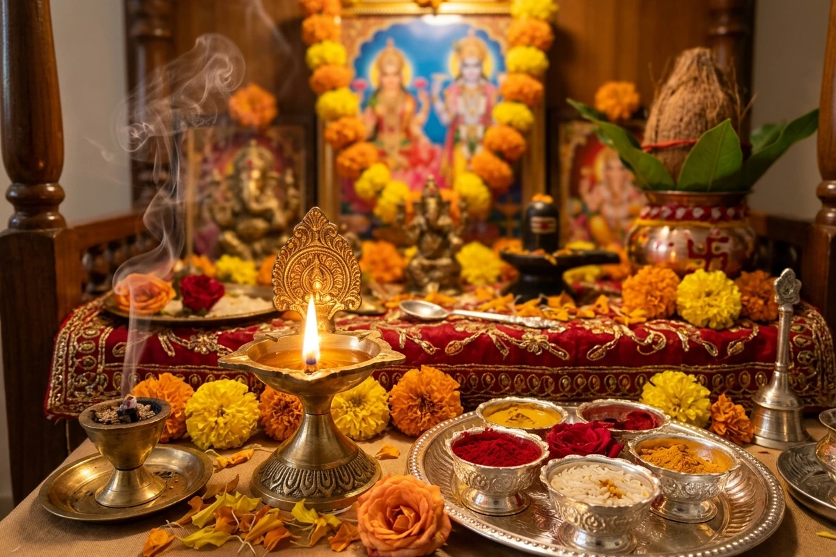 A sacred home altar arranged with glowing brass diyas, silver thali, chandan, fresh flowers, and aromatic dhoop cups for Kartik Purnima puja.