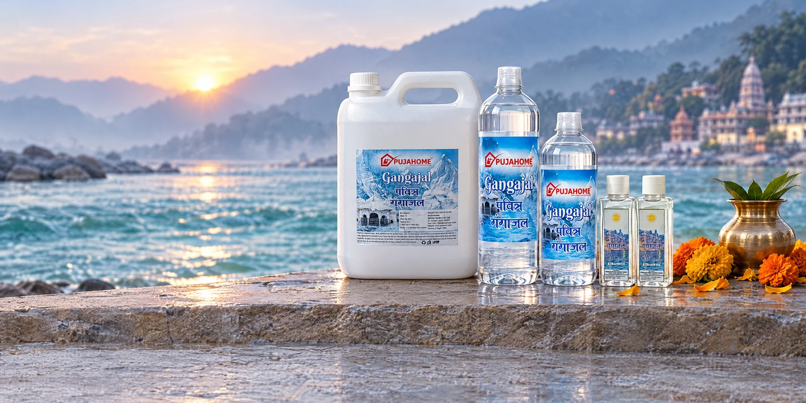 Pujahome Gangajal 5 litre can, 1 litre, 500 ml and 50 ml bottles on a ghat in Rishikesh at dawn