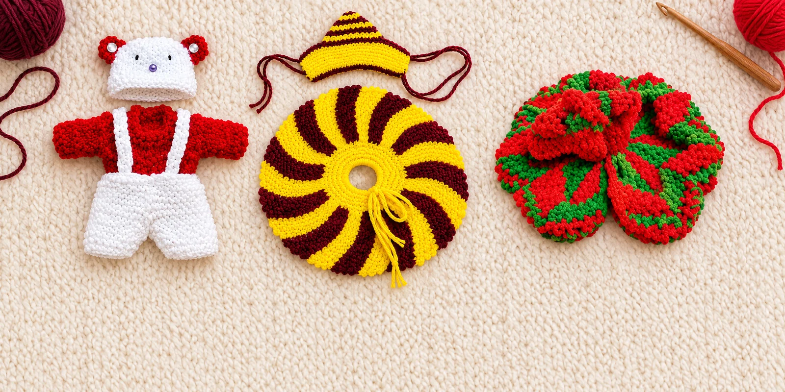 Three handmade woollen Laddu Gopal Ji poshaks: red and white dungri with teddy cap, yellow and maroon striped poshak with cap, and red and green frill dress
