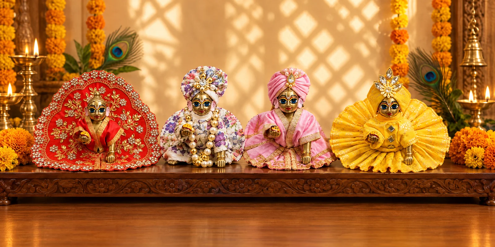 Four Laddu Gopal idols in OM Poshak dresses: red fancy gol poshak, floral cotton kurta, pink outfit with patka and yellow fancy poshak