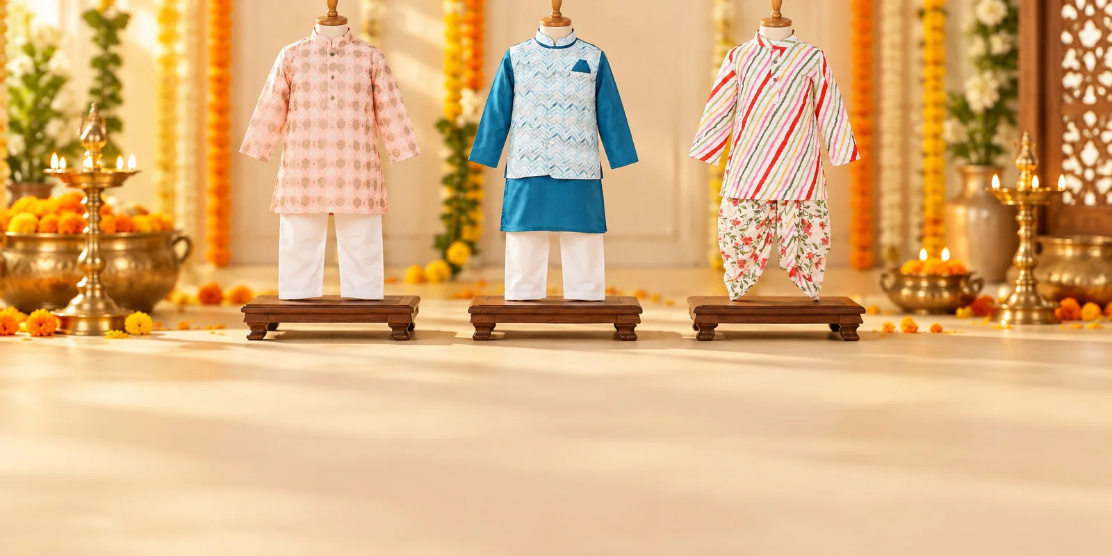 KID ONE boys festive peach silk kurta pyjama and blue jacket sets on display stands