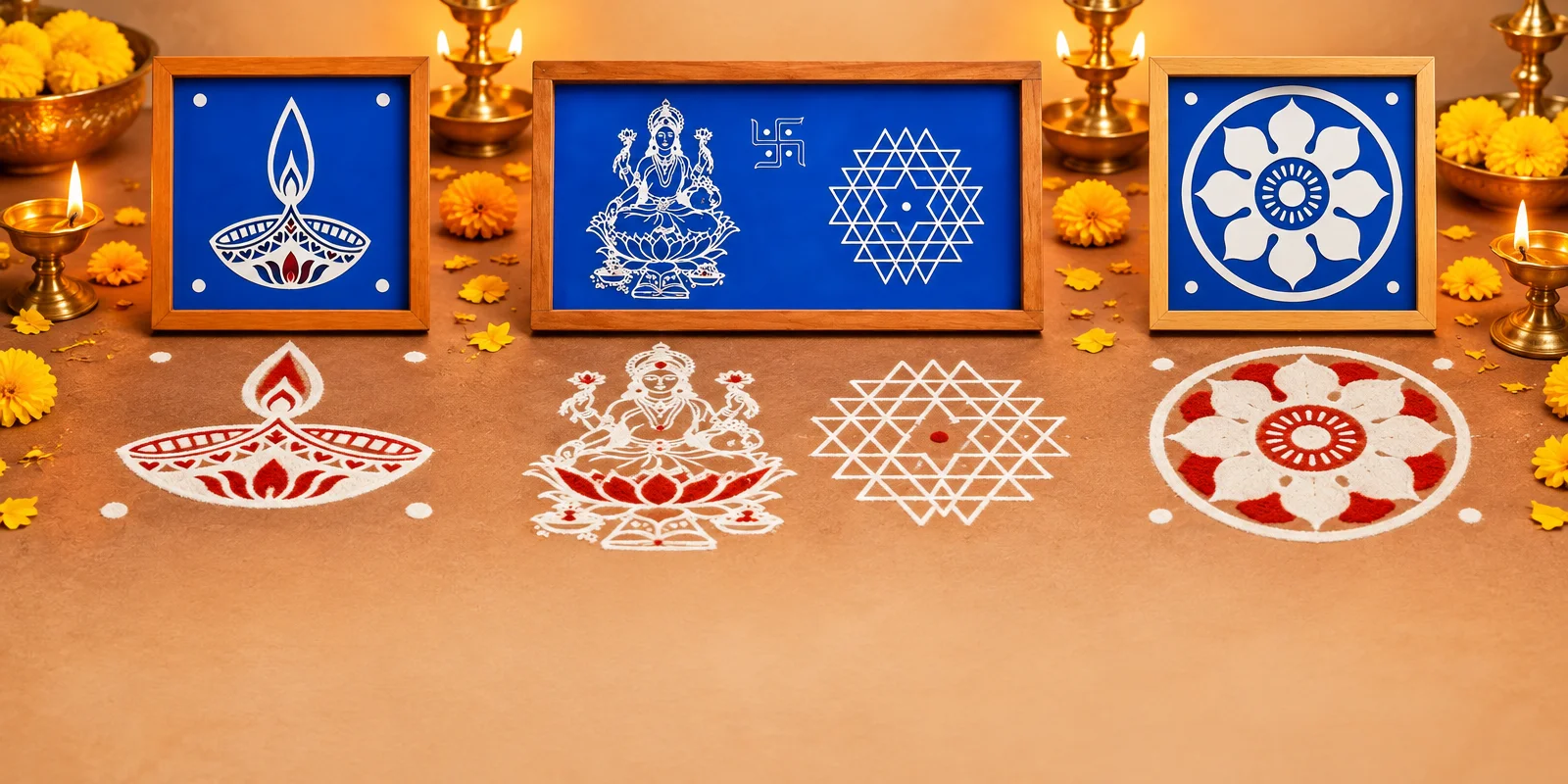 Rangly wooden rangoli stencils with Agal Diya, Aishwarya Kolam, and Ashtadala Mandala patterns