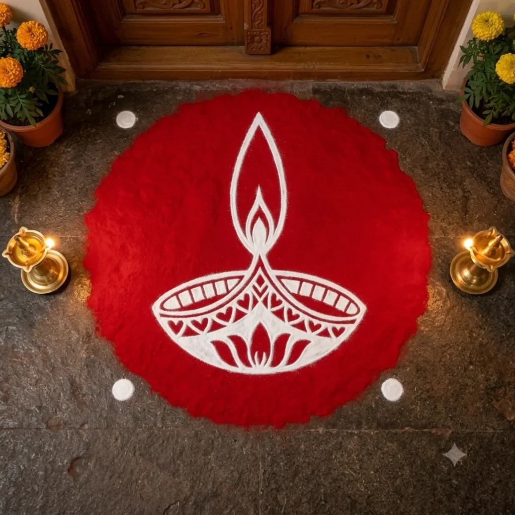 Authentic Rangly Agal Diya wooden rangoli stencil showing razor-sharp traditional kolam design on the floor
