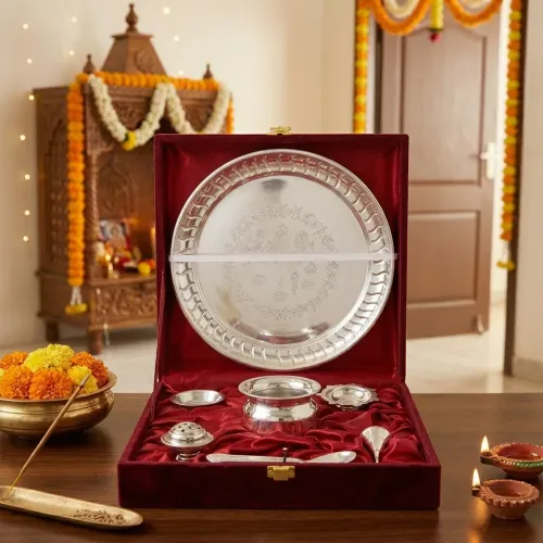 Silver-Finish Pooja Thali & Utensils Gift Set with Maroon Velvet Box