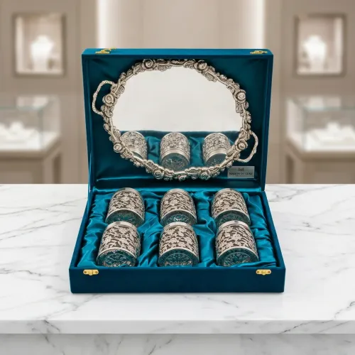 Silver Plated Floral Glass Set of 6 with Blue Gift Box