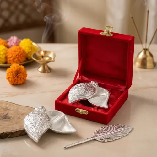 Silver-Finish Diya Set with Peacock Feather Design Pen & Red Gift Box