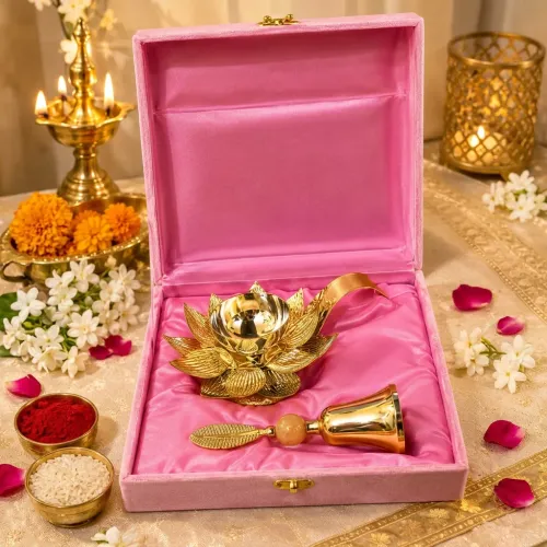 Pink Lotus Diya & Pooja Bell Gift Set with Velvet Box