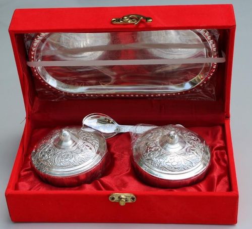 German Silver Plated Glass Bowl Set – Pack of 5 with Red Velvet Gift Box