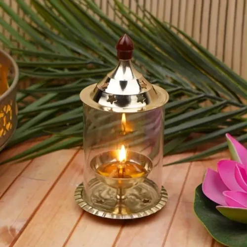 Brass Table Diya with Borosilicate Glass Cover Lantern for Puja and Home Decor