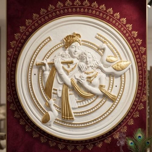 Krishna Round Wall Hanging Sculpture – Handcrafted Polyresin Wall Art with Antique Finish, White, 70 cm