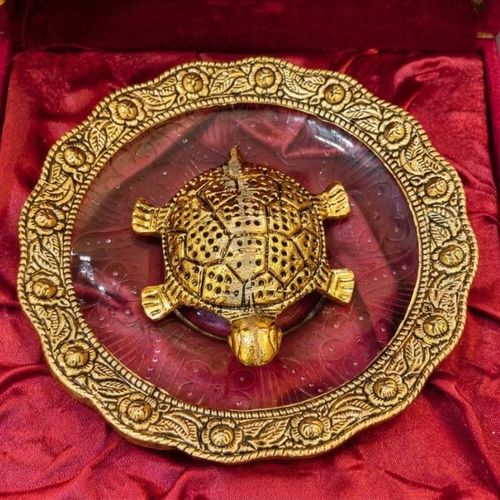 Golden Tortoise Showpiece with Glass Plate, Vastu Feng Shui Kachua, 14 x 14 x 3 cm