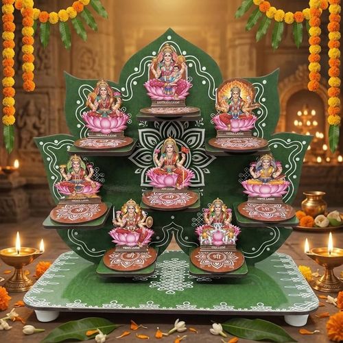 Traditional Home Décor Set with Brass Diya, Small Idol, Marigold Garland, LED String Lights and Incense Holder