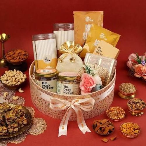 Festive Gift Hamper with Brass Diya, Small Idol, Incense Sticks, Dry Fruits and Greeting Card