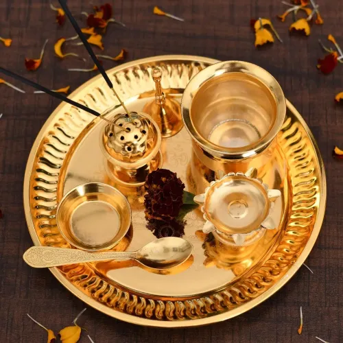 Brass Pooja Accessories Set with Bell, Diya, Kumkum Box, Incense & Camphor Holders and Cotton Wicks