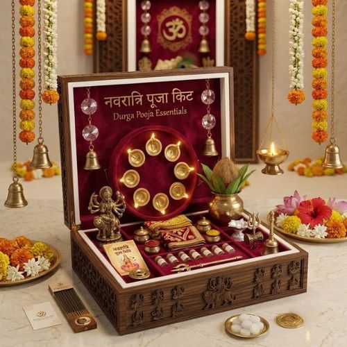 Navratri Pooja Kit with 9 Brass Diyas, Kalash, Chunri Cloth and Pooja Essentials