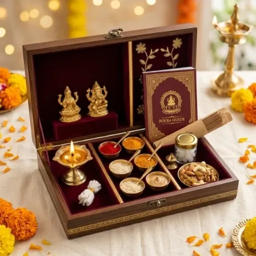 All-in-One Pooja Kit with Lakshmi & Ganesh Idols, Brass Diya, Incense and Puja Samagri