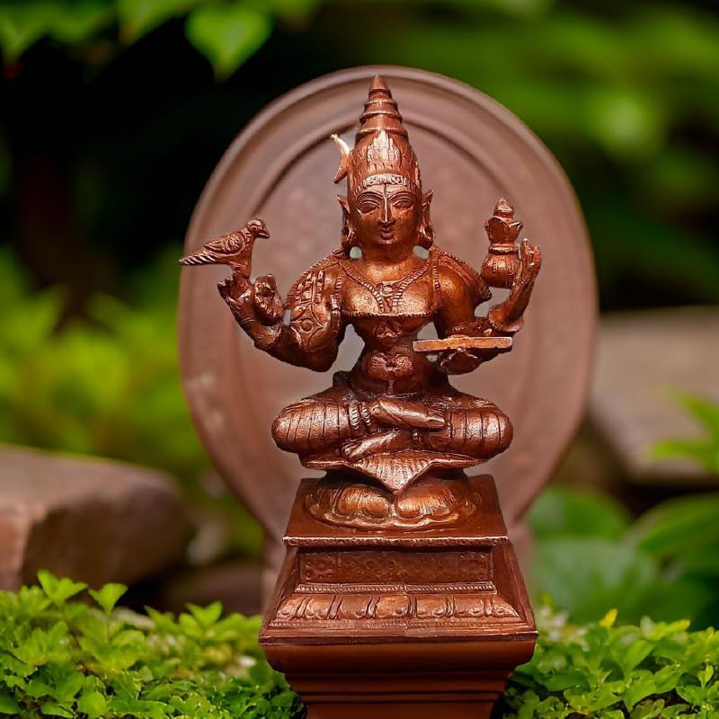 Brownish-Orange Copper Idols India, 4 Inches, Hanmade Goddess Sardhambal 417 Gram, Patina Antique Finish, Pack Of 1 Piece