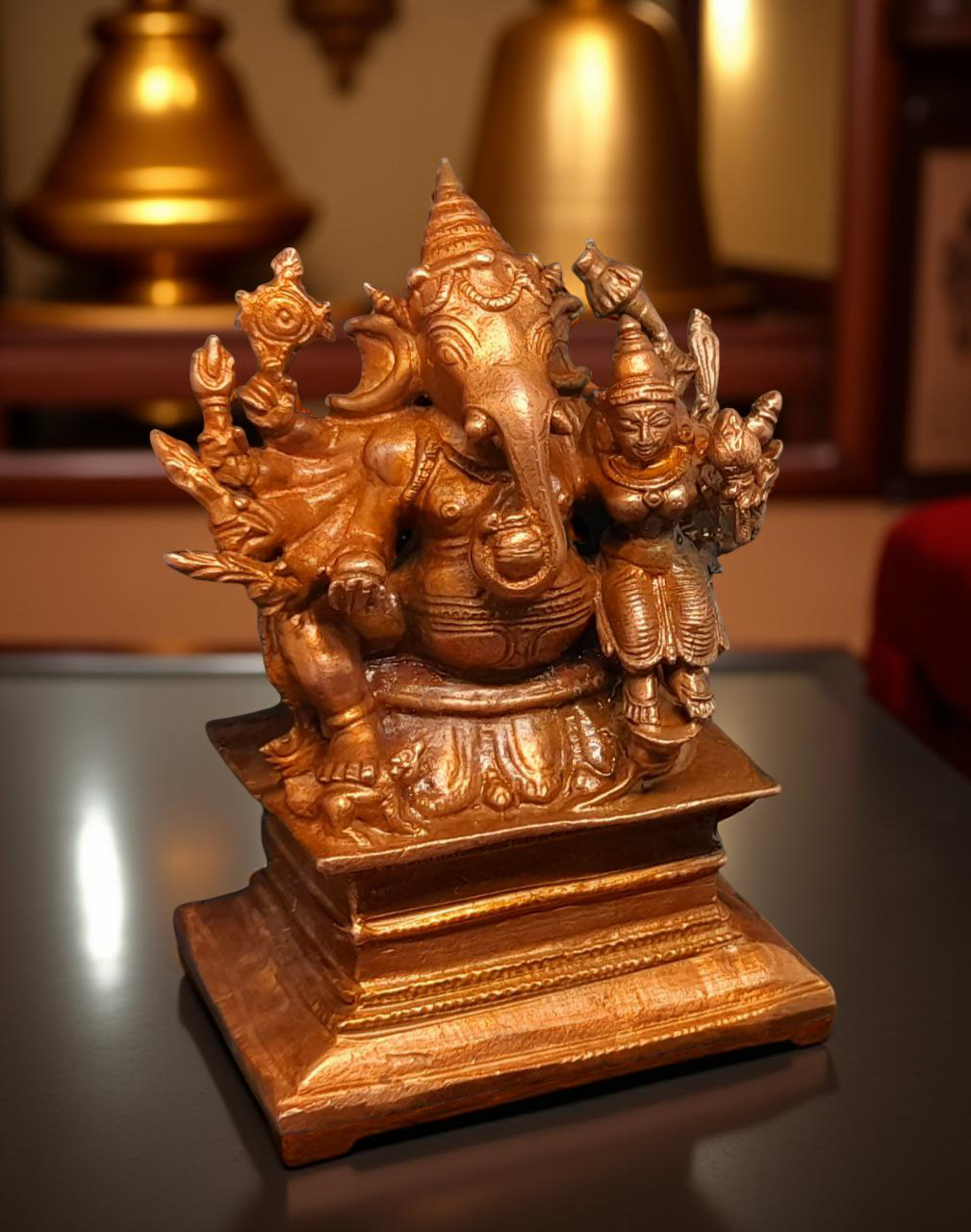 Brownish-Orange Copper Idols India, 3.5 Inches, Handmade Lakshmi Ganesh 560 Gram, Patina Antique Finish, Pack Of 1 Piece