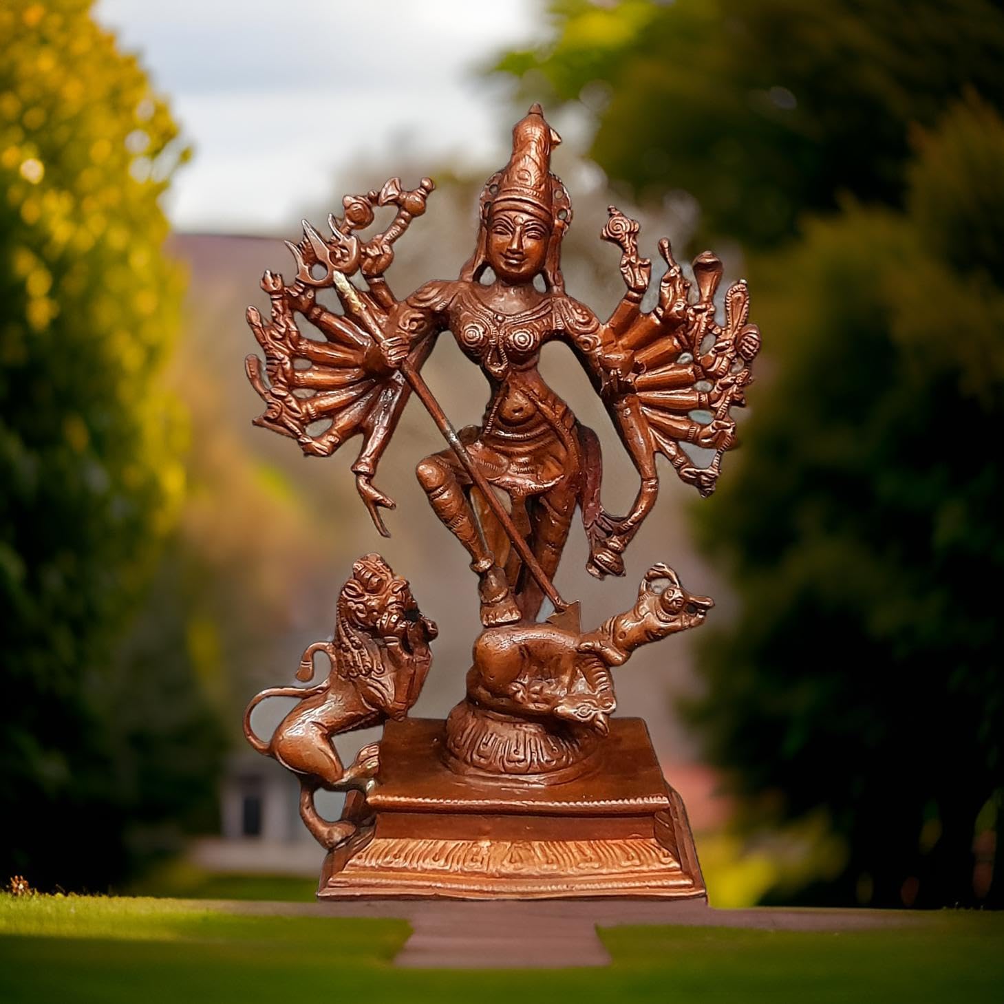 Brownish-Orange Copper Idols Of God Mahishasura Mardhini Idol, 7.8 Inches, 1.1 Kg, Patina Antique Finish, Pack Of 1 Piece