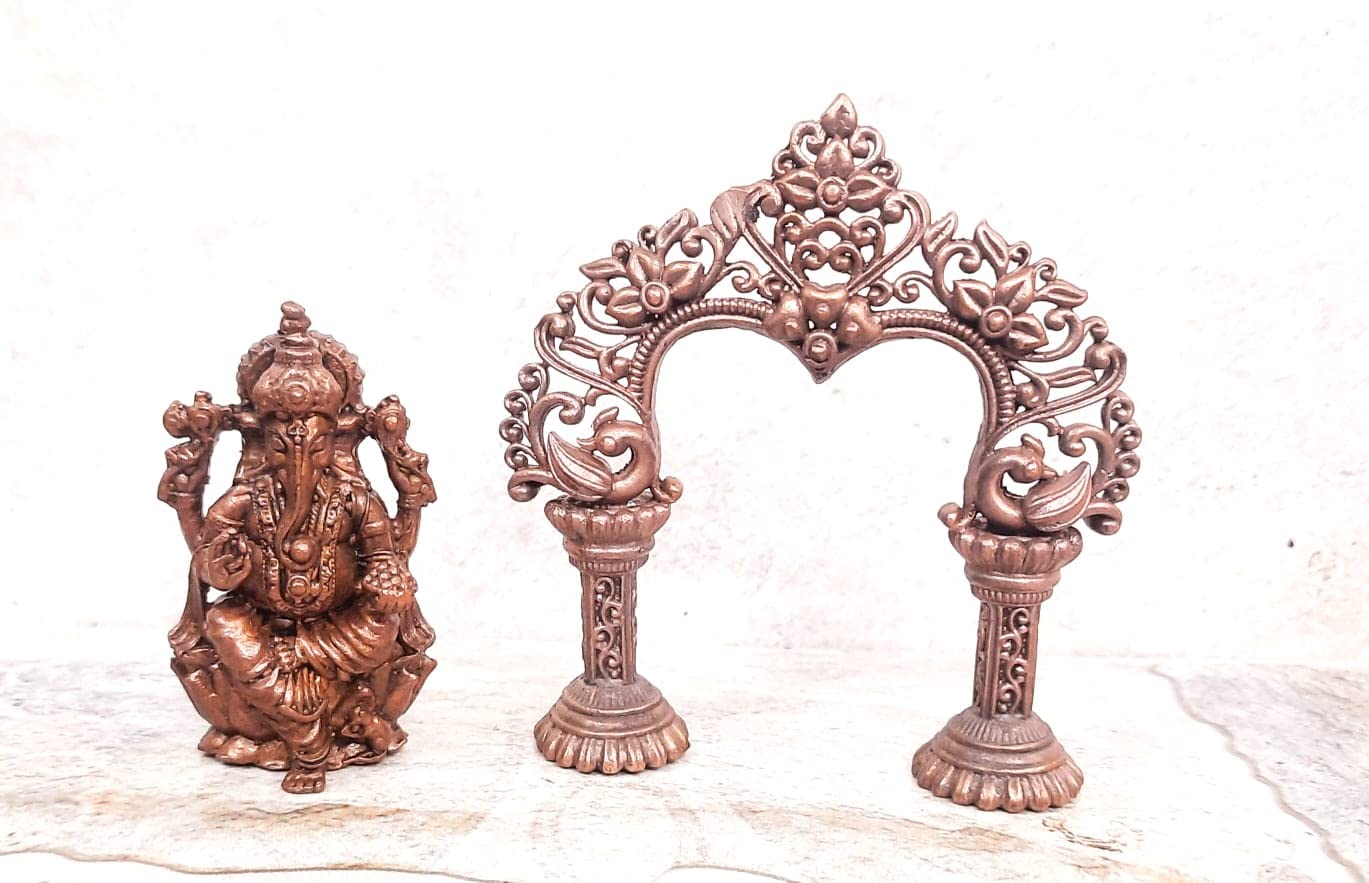 Brownish-Orange Copper Idols Of God Ganesh With Prabhavalli By Searchers Paradise, Handmade 3.5 Inch, 210 Gram, Patina Antique Finish, Pack Of 1 Piece