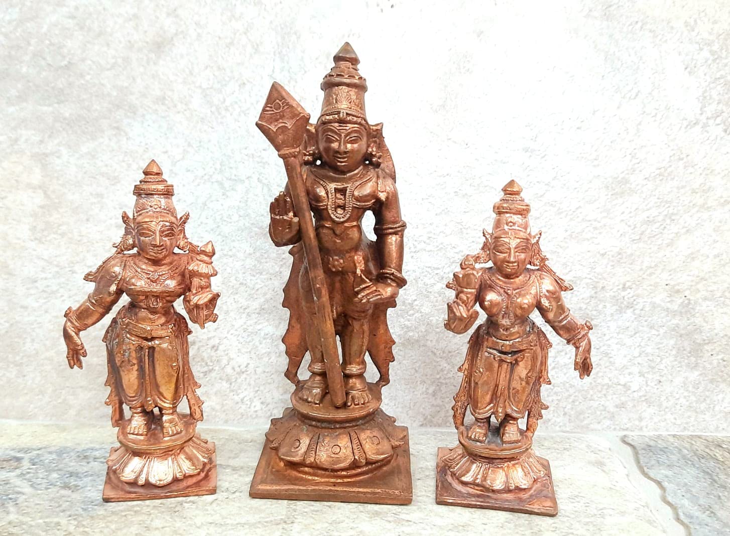 Brownish-Orange Copper Idols Of God Murugar With Valli And Deivanani By Searchers Paradise, 4.5 Inches, 630, Patina Antique Finish, Pack Of 3 Piece
