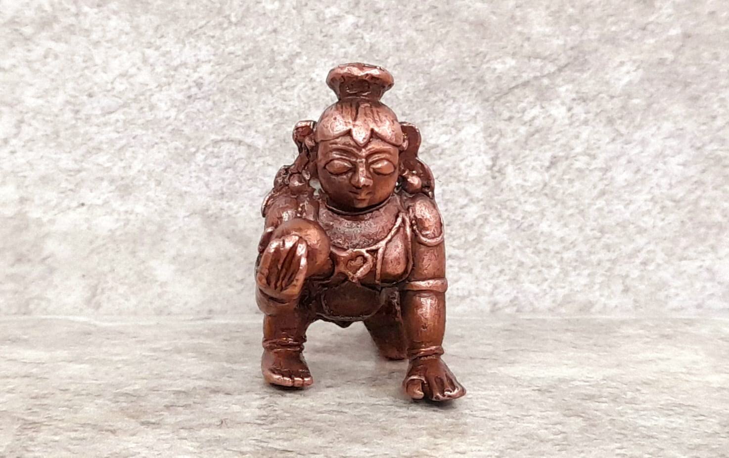 Brownish-Orange Copper Idols Of God Bal Krishna With Laddu By Searchers Paradise, 1.6 Inches, 55G, Patina Antique Finish, Pack Of 1 Piece