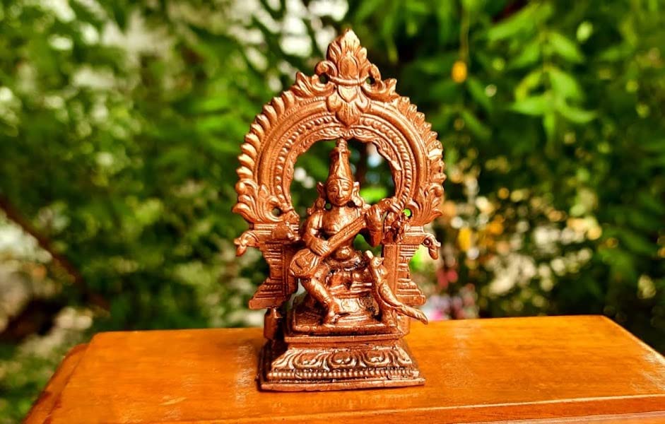 Brownish-Orange Copper Idolsby, 3.3 Inches Handmade Goddess Saraswathi With Prabhavalli, 146G, Patina Antique Finish, Pack Of 2 Piece