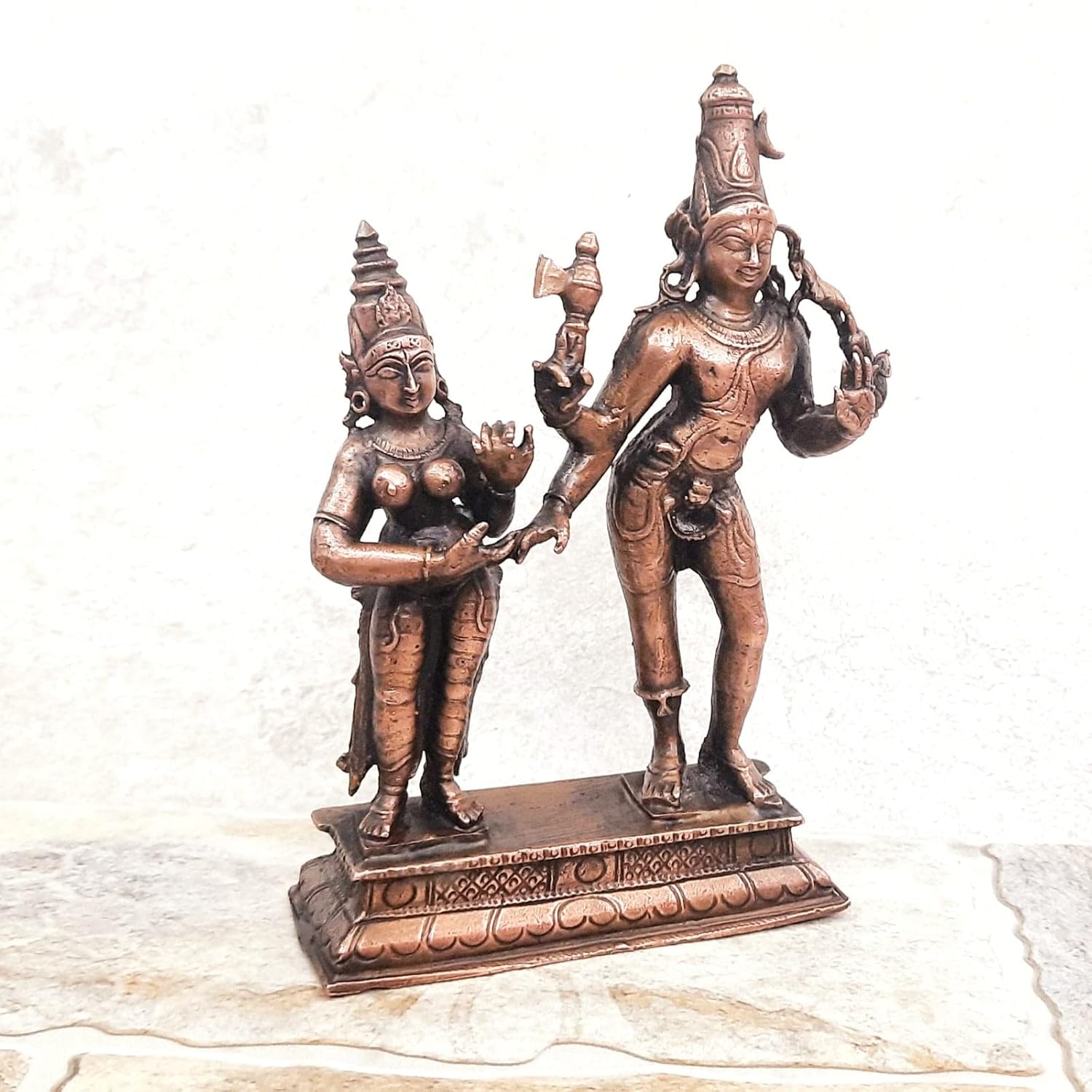 Brownish-Orange Copper Idolsby Searchers Paradise, 15 Cm, Handmade Od Shiva And Parvathi 562 Gram, Patina Antique Finish, Pack Of 1 Piece