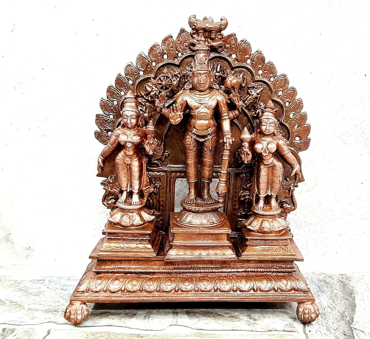 Srinivasa Perumal Copper Idol Set with Sridevi, Bhudevi & Dasavadhara Prabhavali, 7.2 Inches, 1.8 Kg, Antique Finish, Set of 4