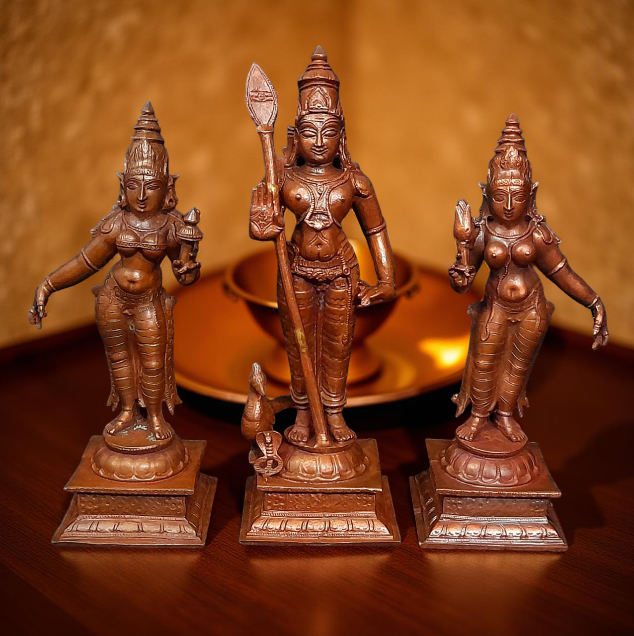 Brownish-Orange Copper Idols Of God Murugar With Valli And Deivanani, 6.2 Inches, 1.36 Kg, Patina Antique Finish, Pack Of 3 Piece