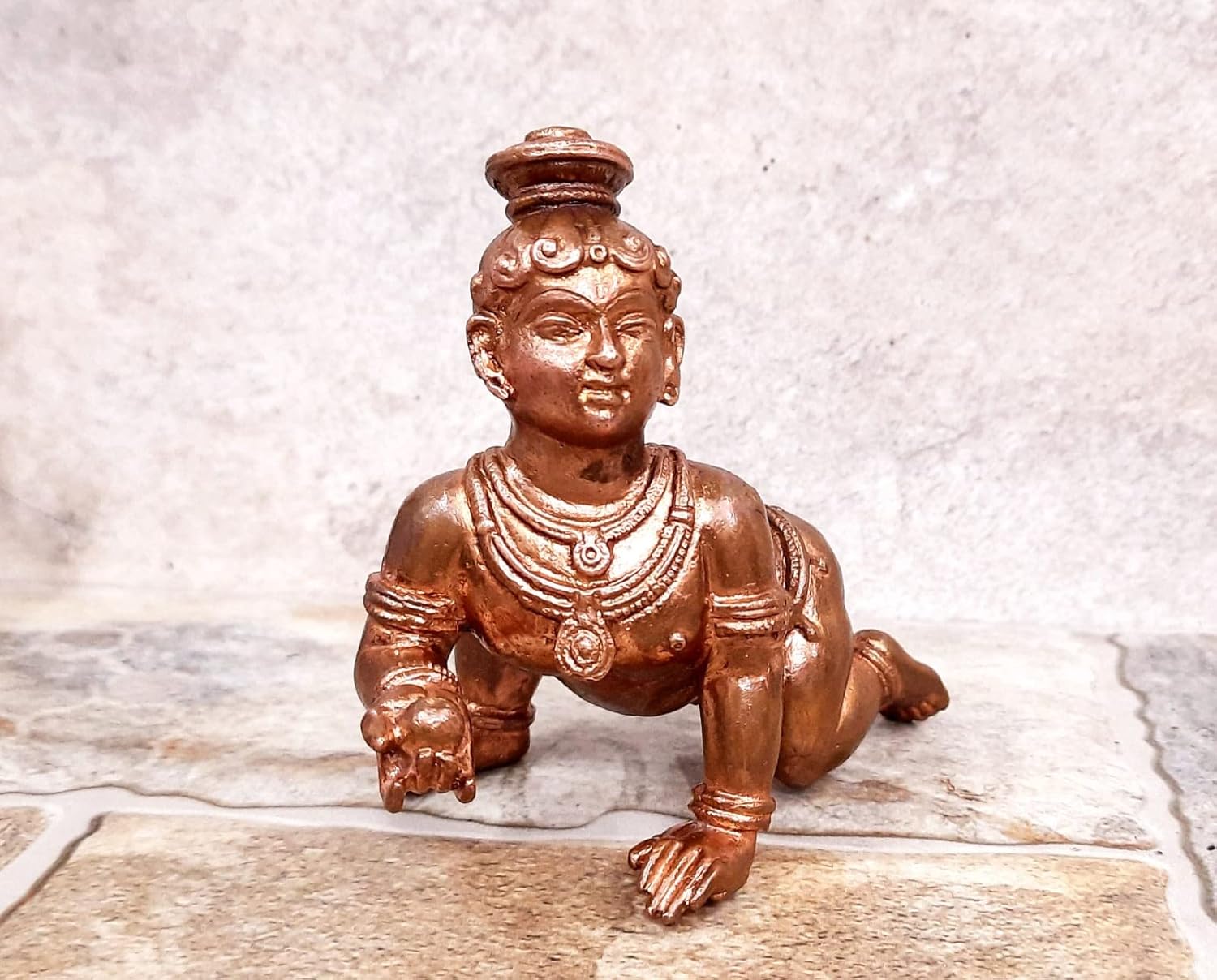 Brownish-Orange Copper Idols Of God Bal Krishna With Laddu By Searchers Paradise, 4.1 Inches, 860G, Patina Antique Finish, Pack Of 1 Piece