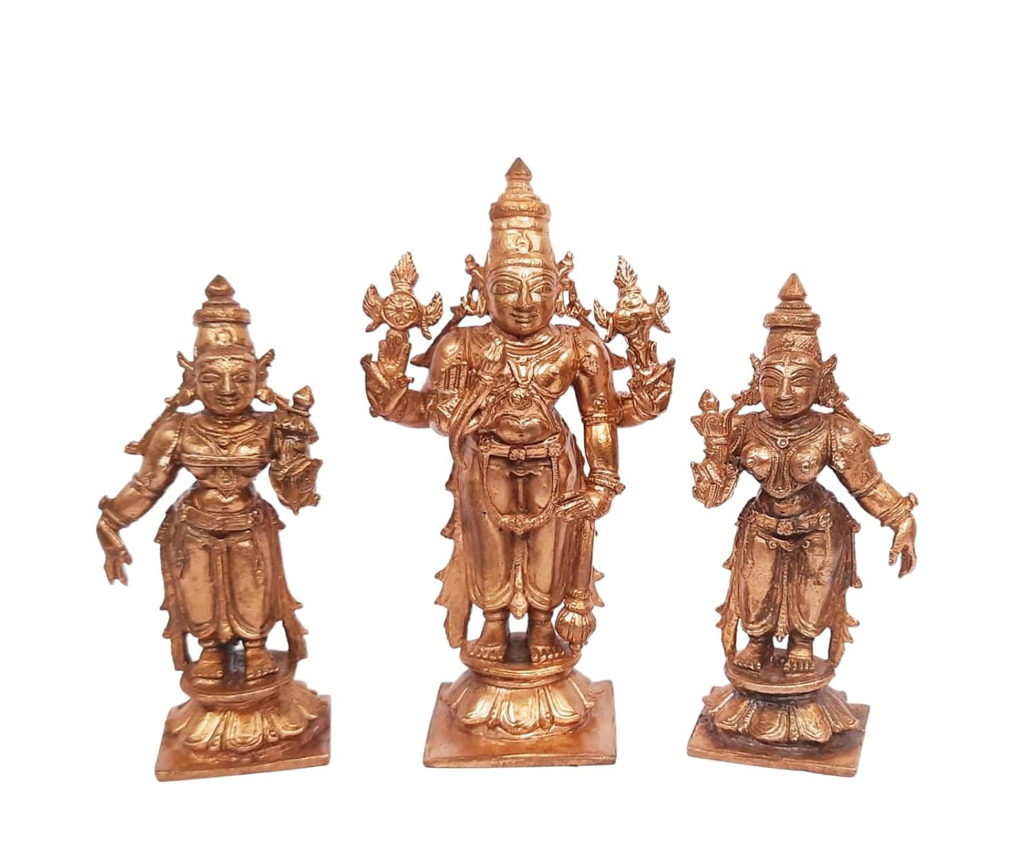 Srinivasa Perumal Copper Idol Set with Sridevi & Bhudevi, 4.1 Inches, 520g, Antique Finish, Set of 3
