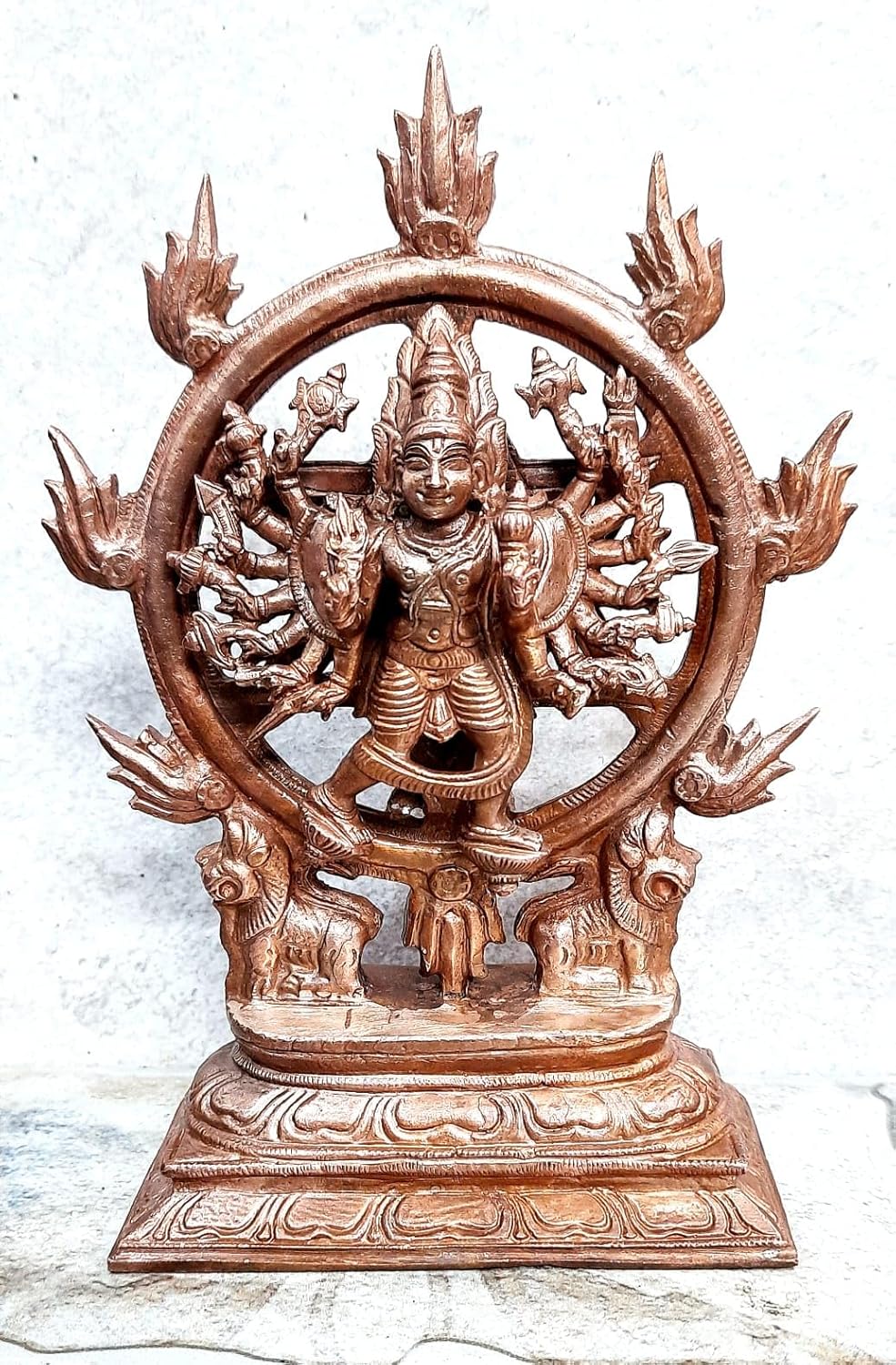 Brownish Orange Copper Idol Of God Chakrathualwar, 6.8 Inches, 1.3 Kg, Patina Antique Finish, Pack Of 1 Piece, For Home Pooja.