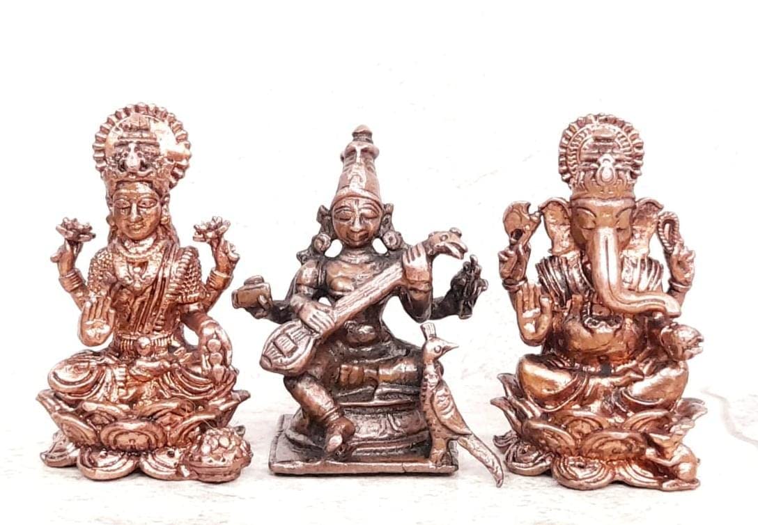 Brownish-Orange Copper Idols Of God Lakshmi, Saraswathi And Ganesh, 164G, Patina Antique Finish, Pack Of 1 Piece
